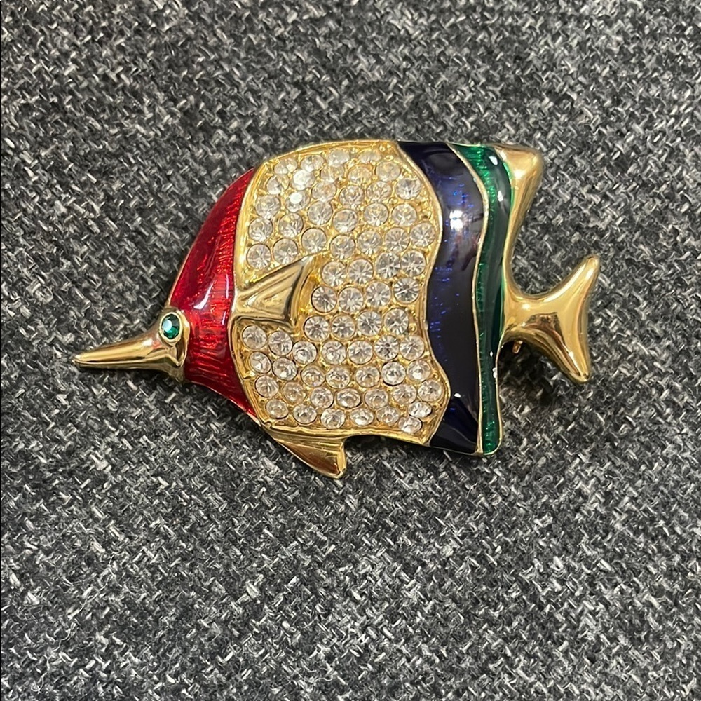 Vintage Enamel and Rhinestone Fish Brooch with Gold Accents - Picture 1 of 8